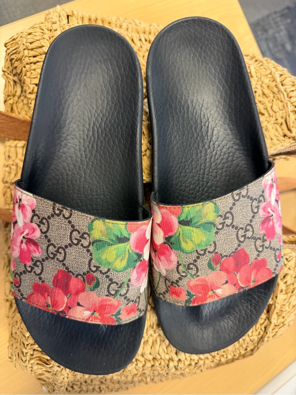 Gucci Bloom Floral GG Slide Sandals - Navy, Pink, Green